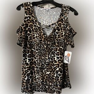 Kiss Black Tan Cold Shoulder Sleeveless Blouse